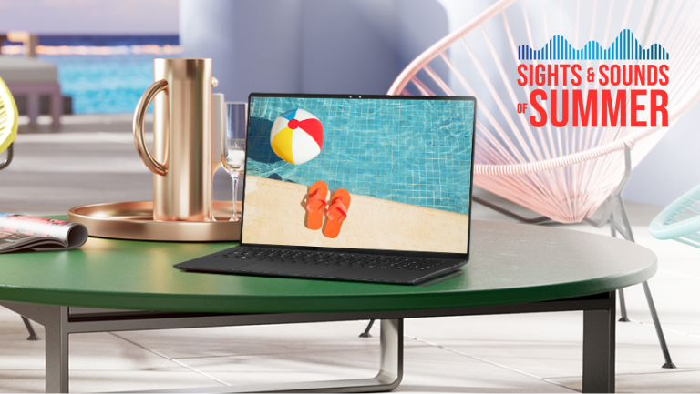 “Sights and sounds of summer” title . LG gram laptop on a poolside table. 