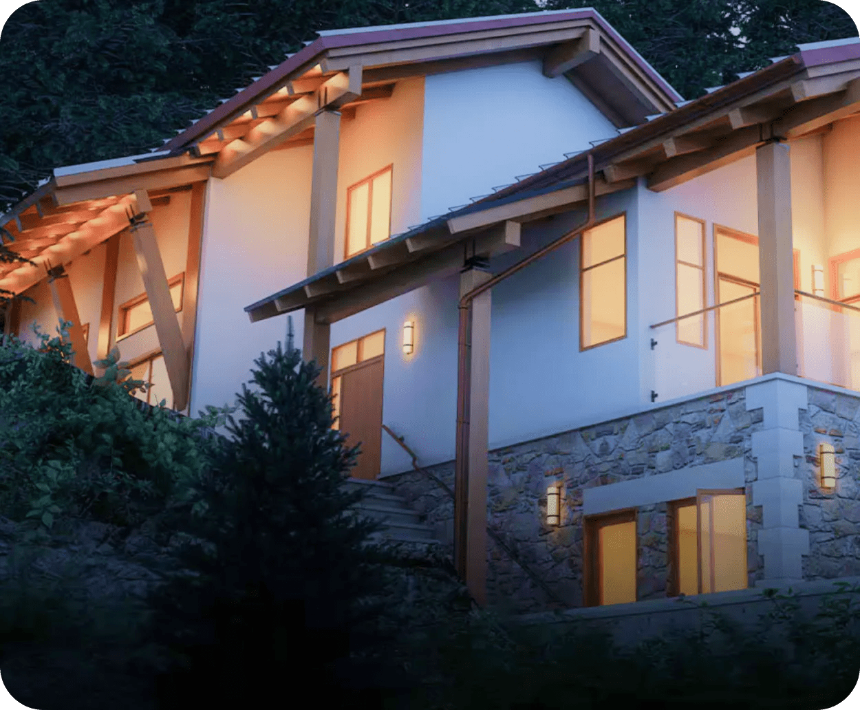 Home with all the lights on.